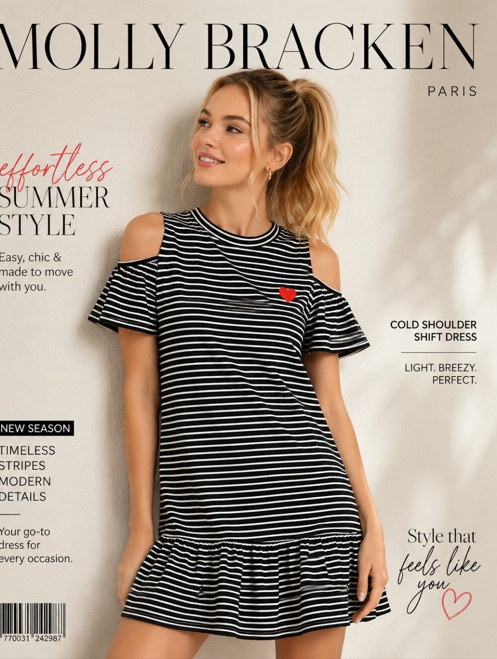 Molly Bracken Nautical Tee-shirt Dress, Ruffle Cold shoulder Like New S/M